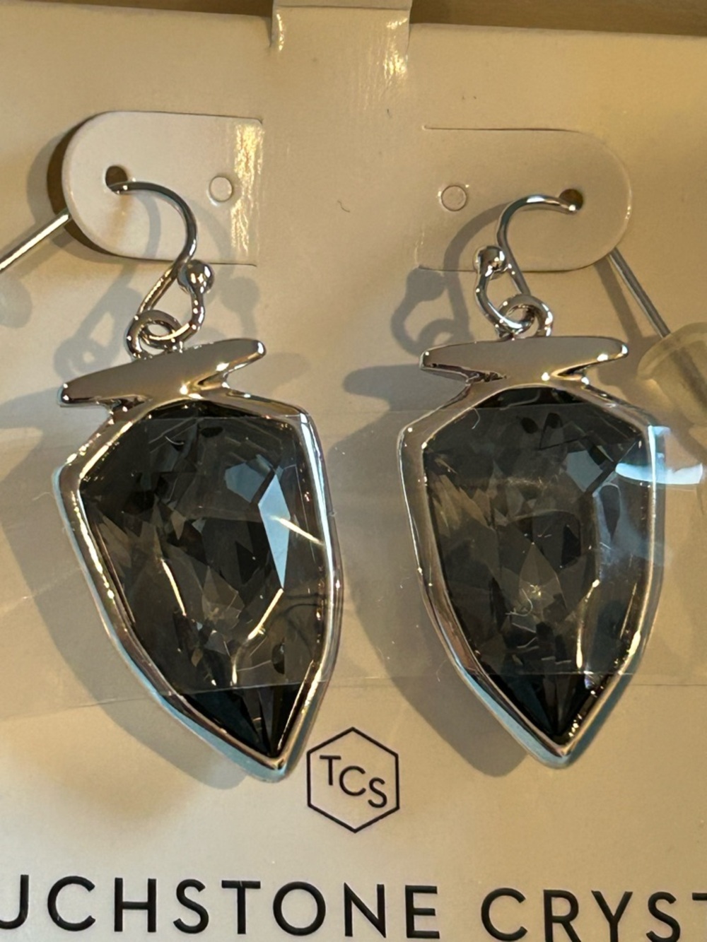 Touchstone Crystal Silver-Tone Dark Gray Faceted Drop Earrings - Picture 2 of 4